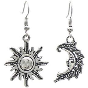 COLORFUL BLING Sun And Moon Matching Couple Dangle Drop Earrings Necklace Set For Women Girls Lover Asymmetric Celestial Jewelry