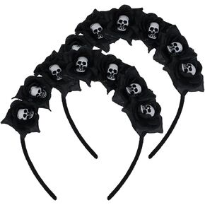 2-Pack Halloween Skull Headpiece Black Rose Flower Crown Headband the Dead Costume Flower Crown Headdress for Halloween Decor