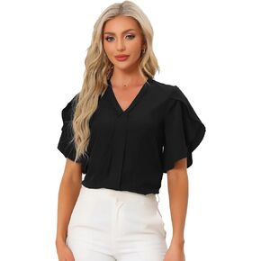 Allegra K Dressy Casual Blouse for Women's Summer V Neck Petal Sleeve Business Work Shirt Top