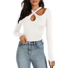 Vrtige Women's Cut Out Halter Neck Criss Cross Long Sleeve Blouse Shirt Top