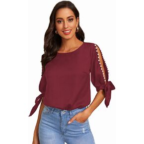 Floerns Women's Pearls Beaded Knot Cuff Half Sleeve Office Blouse Tops