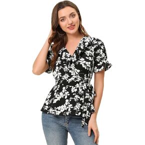 Allegra K Women's Wrap Peplum Top Blouse Tie Waist Short Sleeve Ruffle Floral V Neck Belted Shirts