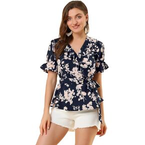 Allegra K Women's Wrap Peplum Top Blouse Tie Waist Short Sleeve Ruffle Floral V Neck Belted Shirts