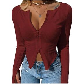 Womens Sexy Kint Tops Long Sleeve Cute V Neck Zipper Shirts