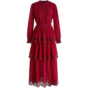 CHICWISH Women's Black/Burgundy/Red/Yellow Crochet Lace Pleated Tiered Chiffon Maxi Dress in Saudi Arabia