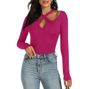 Vrtige Women's Cut Out Halter Neck Criss Cross Long Sleeve Blouse Shirt Top