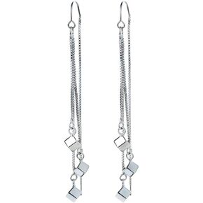 Tiny Cube Long Tassel Threader Chain Long Drop Dangle Earrings for Women Teen Girls Dainty Elegant White Gold Plated Hypoallergenic Sensitive Ears Hanging Dangling Chain Jewelry Gifts for Girlfriend
