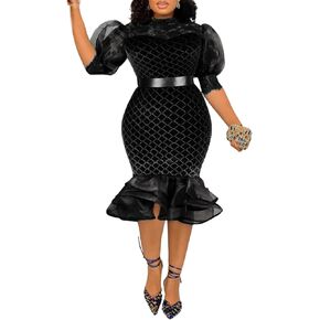 Sexy Mesh Short Sleeve Lace See Through Pleated Hem Dress Patchwork Mermaid Cocktail Party Midi Dress with Belt