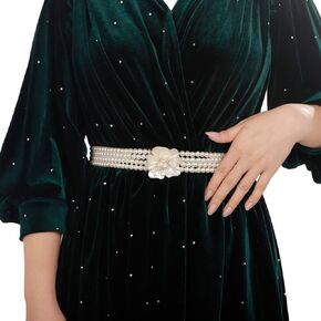 Elastic Pearl Belt Crystal Pearl Flower Waist Chain Sashes Belt Adjustable Rhinestone Waist Belt for Christmas Dress Belt for Women
