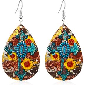 KaFu 4 Pairs Western Cowgirl Cowboy Earrings Boho Vintage Wood Teardrop Dangle Earrings for Women Girls Turquoise Print Earrings