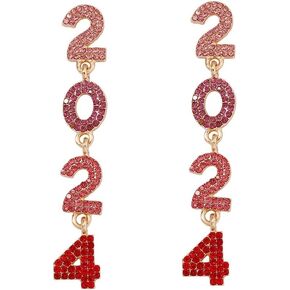 Rhinestone New Year Dangle Earrings for Women Girls Hypoallergenic Colorful Crystal 2024 Celebration Statement Long Charms Drop Dangling Stud Earrings Fashion Lightweight Christmas Holiday Festival Jewelry Gifts