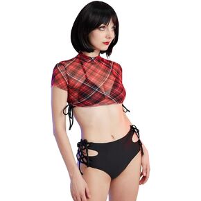 MEOWCOS Women’s Swimsuits Two-Piece Swimwear Punk Style Bikini Set with Short Plaid Mesh Top Bathing Suit