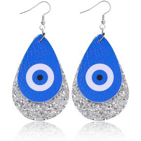 Blue Teardrop Leather Statement Earrings for Women Girls Boho Big Lightweight Turkish Lucky Evil Eye Dangle Drop Stud Earrings Amulet Protection Jewelry Gifts Souvenirs