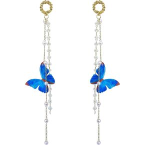 Temperament Butterfly Long Chain Tassel Drop Dangle Earrings Acrylic Butterfly Wing Crystal Imitation Pearl Dangle Earrings for Women Girls