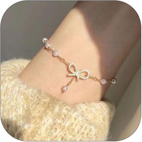 Bow Bracelet for Women Pearl Bracelet Dainty Bow Bracelets for Teen Girls Valentines Day Gift Jewelry Gifts for Girlfriend Mother Sister Friend