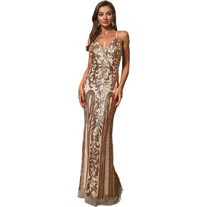Angel-fashions Women's V Neck Floral Sequin Lace Up Sheath Long Evening Dress
