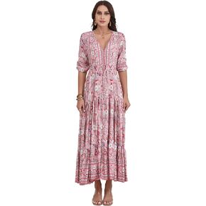 Women Short Sleeve V Neck Floral Print Casual Bohemian Maxi Dresses