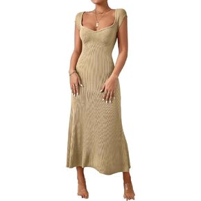 Verdusa Women's Sweetheart Neck Cap Sleeve Knit A Line Long Maxi Sweater Dress