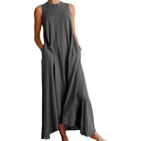 HOULENGS Women's Casual Sleeveless V Neck Maxi Dresses Side Split Tank Long Dress with Pockets