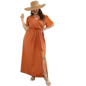 Women Plus Size Wrap V Neck Maxi Dress Sleeveless High Waist Side Split Summer Casual Dress with Belt