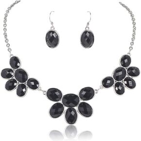 Firstmeet Shiny Contrast Color bib Necklace with Earrings (XL-1106-Black)