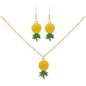 Yellow Fruit Pineapple Earrings Necklace Set for Women Teen Girls Bohemian Summer Tropical Sweet 3D Fruits Green Leaf Gold Plated Charm Tassel Dangle Drop Earrings for Valentine Birthday Vacation Fashion Jewelry Gifts