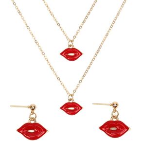 Red Lip Necklace Sexy Red Kiss Lips Necklace Earrings Set for Women Girls Valentine's Day Jewelry Set
