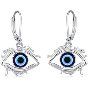 Evil Eye Earrings 925 Sterling Silver Blue Evil Eye Leverback Dangle Earrings Evil Eye Protection Jewelry Gifts for Women Girls