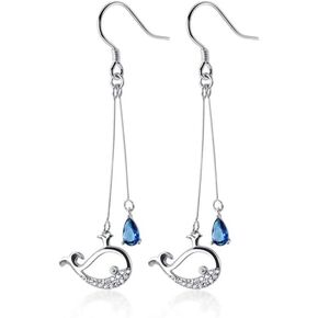 Whale Dangle Drop Hook Earrings S925 Sterling Silver Blue Crystal Waterdrop Charm CZ Cute Fish Dangling Threader Earring Fashion Jewelry for Women Girls BFF