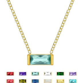 Dainty Emerald Cut Diamond Birthstone Necklace 18K Gold Plated for Women Trendy Girls, Cute Baguette Cubic Zirconia Crystal Pendant Necklaces Birthday Gifts