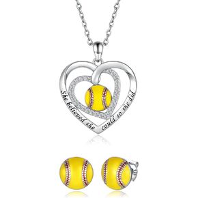 925 Sterling Silver Softball Earrings Necklace Softball Mom Jewelry Gifts for Women Teen Girls Player Lover