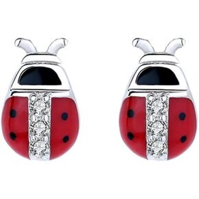Red Ladybug Stud Earrings/Red Ladybug pendant necklace Set for Girls Women White Gold Plated 925 Sterling Silver Cubic Zirconia Insect Animal Jewelry Gift Hypoallergenic