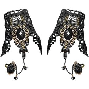 Gothic Black Lace Bracelet with Finger Ring Steampunk Vampire Wristband Ring Victorian Costume Party Vintage Wedding Prom Festival Hand Chain Jewelry for Women Girls 1 Pair - S180