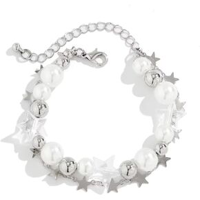Star Beads Double Layer Choker Necklace Silver Star Pearl Chain Necklace Punk Y2K Jewelry Gifts for Women and Girls