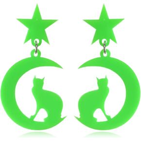 MIGUO STORE Unique Black Cat on the Moon Dangle Earrings Acrylic Star Earrings Animal Lovely for Women Girls Chic Sparkly Asymmetry Elegant Jewelry Gift