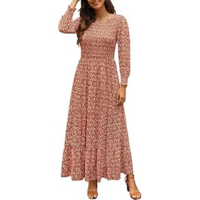 Annebouti Women's 2024 Spring Summer Casual Long Sleeve Maxi Dress Boho Floral Smocked A-Line Modest Long Dresses