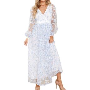 R.Vivimos Women Maxi Dress Tulle Long Sleeve V Neck Floral Embroidery Backless Casual Flowy A-Line Dress