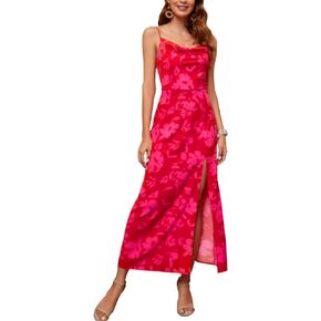 Aigeman Women's Sexy Spaghetti Straps Backless Maxi Dress Drape Cowl Neck Side Slit Cocktail Party Satin Dresses 72077