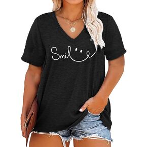 Plus Size Smile Face Shirts Women V Neck T Shirts Short Sleeve Tshirts Summer Tops