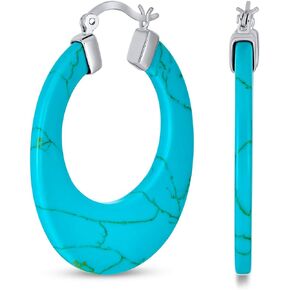 Wide Flat Black Blue Turquoise Gemstone Large Oval Hoop Earrings For Women Teen .925 Sterling Silver More Colors 1.5" Diameter