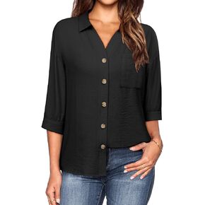 Womens V Neck Linen Button Down Shirts 3/4 Sleeve Loose Collared Casual Shirt Soft Work Office Tops with Pocket