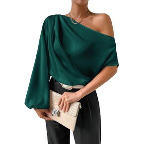 OYOANGLE Women's Asymmetrical Neck Long Lantern Sleeve Ruched Blouse Work Office Top