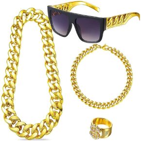 80s 90s Rapper Costumes Outfit for Men Women 90s Hip Hop Big Fake Gold Chain Party Sunglasses 80s Accessories