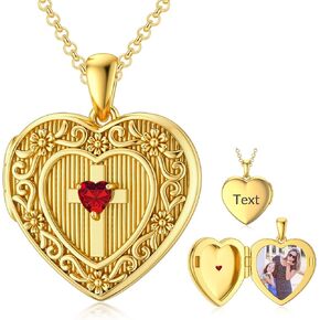 SOULMEET Personalized Gold Birthstone Cross Locket Necklace That Holds 1 Picture Photo Heart Birthstone Locket Gift for Women Men