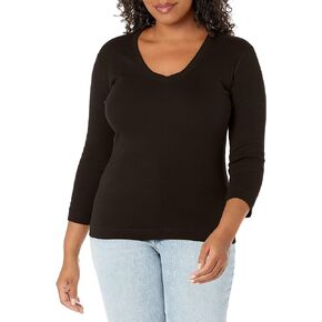 Three Dots Women's 100% Cotton Heritage Knit 3/4 Sleeve Deep V-Neck