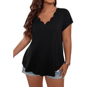 SOLY HUX Women's Plus Size Scalloped Trim V Neck Short Sleeve T Shirt Summer Tee Tops
