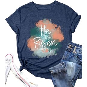 He is Risen Easter Shirt for Women Funny Letter Print Christian Tshirt Casual Short Sleeve Blessed Tops Shirts