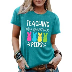 Easter Teacher T-Shirt for Women Teaching My Favorite Peeps Shirt Funny Bunny Rabbit Graphic Tee Tops