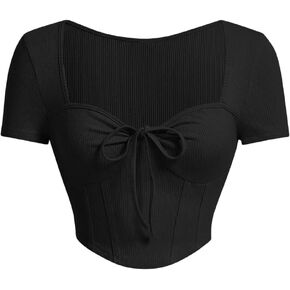 تي شيرت نسائي برقبة على شكل قلب وعقدة أمامية وأكمام قصيرة ومتماسكة ومضلعة in Kuwait