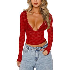 Women Sexy Long Sleeve Lace Shirt Deep V-Neck Slim Sitted T-Shirt See Through Shirt Y2k Going Out Crop Tops